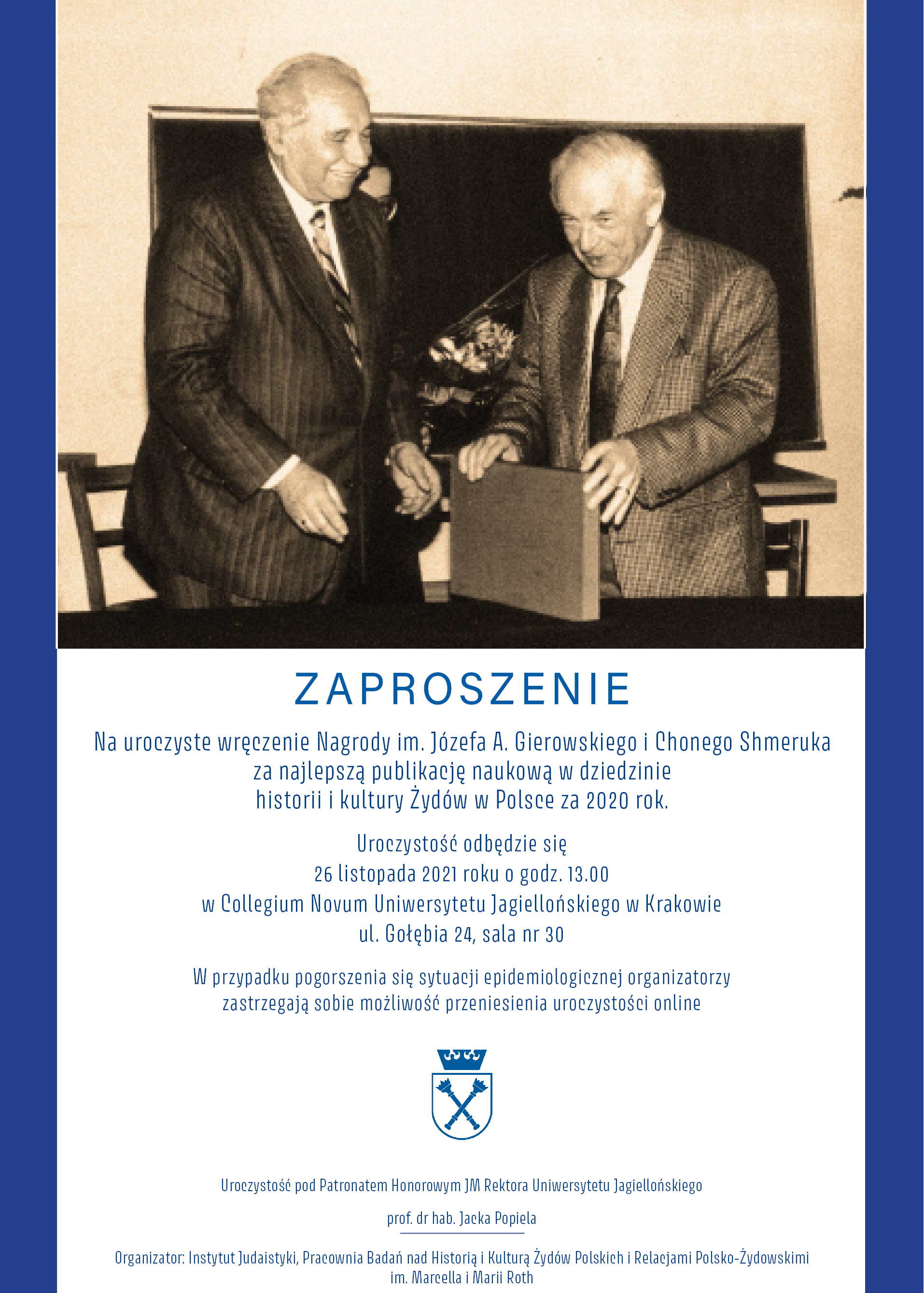 Zaproszenie na wręczenie nagrody imienia Józefa A. Gierowskiego i Chonego Shmeruka